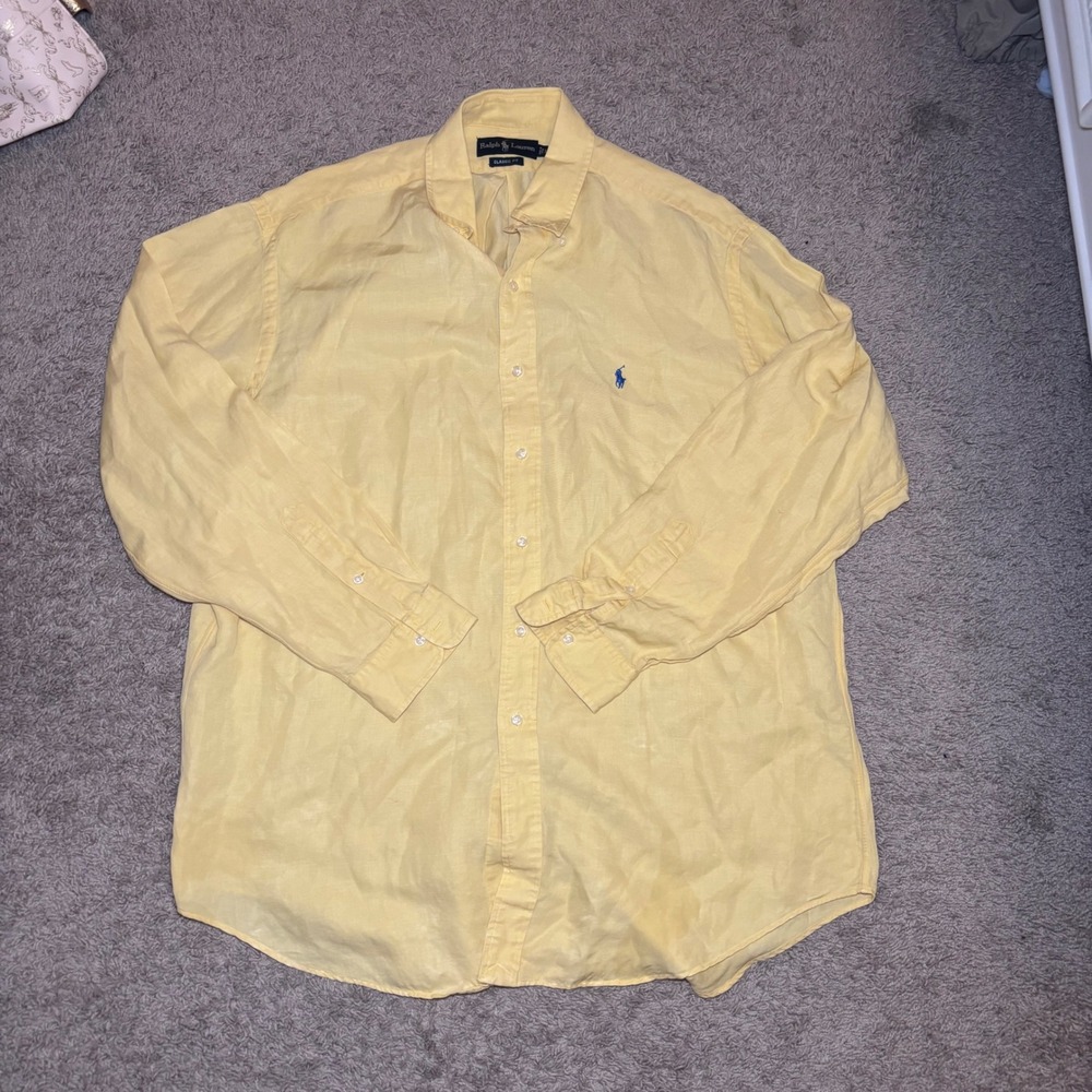 Ralph Lauren Mens XL Classic Fit Yellow Linen Silk Button Down Shirt Blue Pony